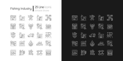 Fishing industry linear icons set for dark and light mode. Catching and preparing seafood. Processing, farming. Customizable thin line symbols. Isolated vector outline illustrations. Editable stroke