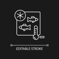 Fish storing white linear icon for dark theme. Keep cool to save quality. Freezing fish for trade. Thin line customizable illustration. Isolated vector contour symbol for night mode. Editable stroke