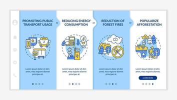 Sustainability initiatives onboarding vector template. Responsive mobile website with icons. Web page walkthrough 4 step screens. Reducing energy consumption color concept with linear illustrations