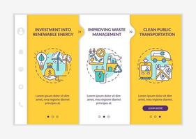 Reduce carbon emissions onboarding vector template. Responsive mobile website with icons. Web page walkthrough 3 step screens. Investment into renewable energy color concept with linear illustrations