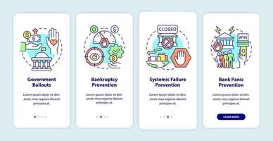 Government involvement in bank regulation onboarding mobile app page screen. Bailout walkthrough 4 steps graphic instructions with concepts. UI, UX, GUI vector template with linear color illustrations