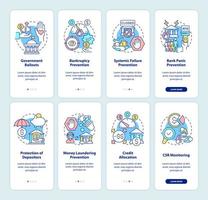 Bank regulation onboarding mobile app page screen set. Bankruptcy prevention walkthrough 8 steps graphic instructions with concepts. UI, UX, GUI vector template with linear color illustrations