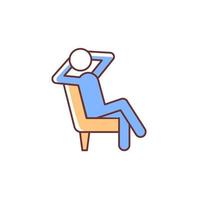 Relax RGB color icon. Man sitting in relaxed pose. Human taking break from work. Person sitting in armchair with legs crossed. Isolated vector illustration. Simple filled line drawing