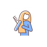 Brush hair RGB color icon. Girl combing long hair with hairbrush. Healty habit, lifestyle. Commonplace day-to-day human routine. Isolated vector illustration. Simple filled line drawing