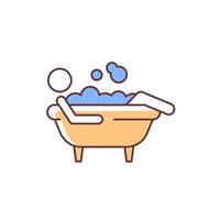 icono de color rgb de baño. hombre acostado en un baño de burbujas. actividades de higiene personal. rutina humana del día a día. mantener la limpieza del cuerpo. ilustración vectorial aislada. dibujo lineal relleno simple vector