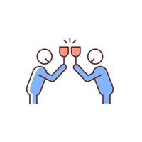 Clink glasses RGB color icon. Two people clinking glasses with smiles. Celebration party, joyful event, holiday. Toast proposing. Isolated vector illustration. Simple filled line drawing