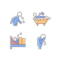 conjunto de iconos de color rgb de acciones humanas. hombre llorando durmiendo en la cama tumbado en un baño de burbujas. hombre que escupe. vida diaria. ilustraciones vectoriales aisladas. colección de dibujos de líneas rellenas simples vector