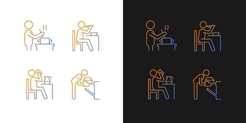 Cooking rotine gradient icons set for dark and light mode. Meal preparation at home. Thin line contour symbols bundle. Isolated vector outline illustrations collection on black and white