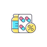 icono de color rgb de costo reducido de medicamentos recetados. proporcionar beneficios de salud a los empleados. ahorrar dinero a los trabajadores. aumentar la satisfacción de los empleados. ilustración vectorial aislada. dibujo lineal relleno simple vector