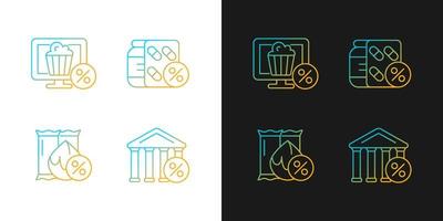 Employee discount scheme gradient icons set for dark and light mode. Online cinema subscription. Thin line contour symbols bundle. Isolated vector outline illustrations collection on black and white