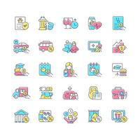 Employee perks and bonuses RGB color icons set. Workplace benefits. Enhancing worker experience. Performance awards. Isolated vector illustrations. Simple filled line drawings collection