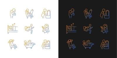 Daily living gradient icons set for dark and light mode. Ordinary household chores. Thin line contour symbols bundle. Isolated vector outline illustrations collection on black and white