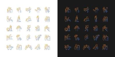 Human behaviour gradient icons set for dark and light mode. Day-to-day routine. Thin line contour symbols bundle. Isolated vector outline illustrations collection on black and white