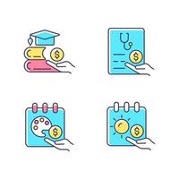 Workplace wellbeing benefits RGB color icons set. Tuition reimbursement. Paid sick days. Sabbatical leave. Unlimited vacation. Isolated vector illustrations. Simple filled line drawings collection