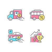 Corporate perks at work RGB color icons set. Relocation assistance. Employee transportation. Free parking spot. Performance bonus. Isolated vector illustrations. Simple filled line drawings collection