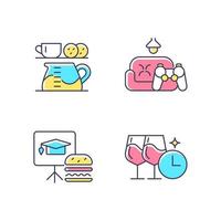 Employee engagement RGB color icons set. Office coffee station. Game room. Training session during lunch. Company happy hour. Isolated vector illustrations. Simple filled line drawings collection