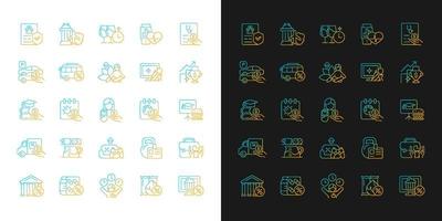 Employee perks and bonuses gradient icons set for dark and light mode. Workplace benefits. Thin line contour symbols bundle. Isolated vector outline illustrations collection on black and white