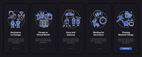 Obstacles to happiness mindset dark onboarding mobile app page screen. Walkthrough 5 steps graphic instructions with concepts. UI, UX, GUI vector template with linear night mode illustrations