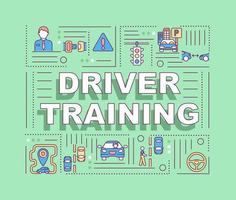 Driving training word concepts banner. Practicing car riding. Infographics with linear icons on green background. Isolated creative typography. Vector outline color illustration with text
