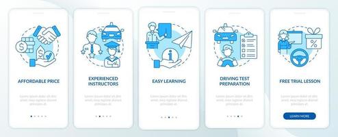 Driving school benefits blue onboarding mobile app page screen. Advantages walkthrough 5 steps graphic instructions with concepts. UI, UX, GUI vector template with linear color illustrations