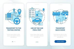 Road test services blue onboarding mobile app page screen. Driving school offers walkthrough 3 steps graphic instructions with concepts. UI, UX, GUI vector template with linear color illustrations