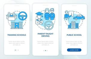 Driver education for teens blue onboarding mobile app page screen. Driving school walkthrough 3 steps graphic instructions with concepts. UI, UX, GUI vector template with linear color illustrations
