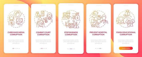 Corruption prevention onboarding red mobile app page screen. Anti corruption measure walkthrough 5 steps graphic instructions with concepts. UI, UX, GUI vector template with linear color illustrations