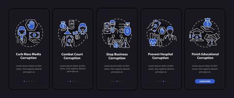 Corrupt practices onboarding mobile app page screen. Stop systemic corruption walkthrough 5 steps graphic instructions with concepts. UI, UX, GUI vector template with linear night mode illustrations