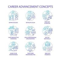 Career advancement blue gradient concept icons set. Improvement in work. Successful employee. Professional development idea thin line color illustrations. Vector isolated outline drawings