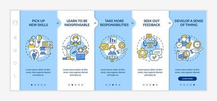 Career advancement steps onboarding vector template. Responsive mobile website with icons. Web page walkthrough 5 step screens. Professional development color concept with linear illustrations