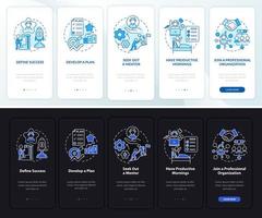 Successful career advancement onboarding mobile app page screen. Job walkthrough 5 steps graphic instructions with concepts. UI, UX, GUI vector template with night and day mode illustrations
