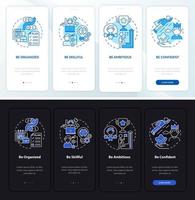 Personal traits for job success onboarding mobile app page screen. Success walkthrough 4 steps graphic instructions with concepts. UI, UX, GUI vector template with night and day mode illustrations