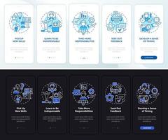 Career ladder advancement onboarding mobile app page screen. Success walkthrough 5 steps graphic instructions with concepts. UI, UX, GUI vector template with night and day mode illustrations