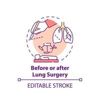 antes y después del icono del concepto de cirugía pulmonar. operación pulmonar idea abstracta ilustración de línea delgada. preparación y recuperación. tratamiento para el cáncer. dibujo de color de contorno aislado vectorial. trazo editable vector