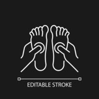 Reflexology white linear icon for dark theme. Applying pressure to feet. Improve circulation. Thin line customizable illustration. Isolated vector contour symbol for night mode. Editable stroke