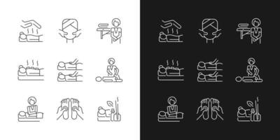 Spa treatments linear icons set for dark and light mode. Reiki session. Face massage. Hot stone therapy. Customizable thin line symbols. Isolated vector outline illustrations. Editable stroke