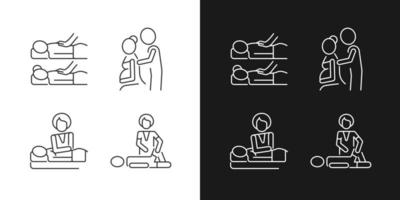 relajante experiencia de spa iconos lineales establecidos para modo oscuro y claro. masaje en pareja. terapia prenatal. símbolos de línea fina personalizables. ilustraciones aisladas de contorno vectorial. trazo editable vector