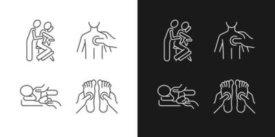 técnicas de terapia de masaje iconos lineales establecidos para modo oscuro y claro. presionando los puntos gatillo. tratamiento de cólicos. símbolos de línea fina personalizables. ilustraciones aisladas de contorno vectorial. trazo editable vector