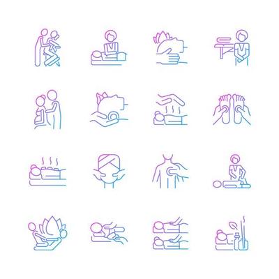 Massage types gradient linear vector icons set. Physical health improvement. Applying pressure to muscles. Healing body. Thin line contour symbols bundle. Isolated outline illustrations collection