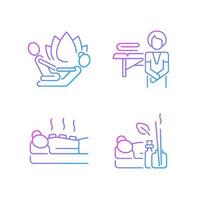 Beauty procedures gradient linear vector icons set. Stretching techniques. Massage practitioner. Applying heated stones. Thin line contour symbols bundle. Isolated outline illustrations collection