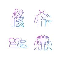 Massage therapy techniques gradient linear vector icons set. Pressing on trigger points. Treating newborn colic. Thin line contour symbols bundle. Isolated outline illustrations collection