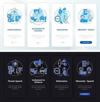 Unprotected speech types onboarding mobile app page screen. Threats walkthrough 4 steps graphic instructions with concepts. UI, UX, GUI vector template with linear night and day mode illustrations