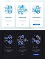 Políticas sobre el discurso de odio al incorporar la pantalla de la página de la aplicación móvil. tutorial de censura 3 pasos instrucciones gráficas con conceptos. ui, ux, plantilla vectorial gui con ilustraciones lineales en modo día y noche vector