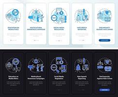 Hate speech prevention onboarding mobile app page screen. Media ethics walkthrough 5 steps graphic instructions with concepts. UI, UX, GUI vector template with linear night and day mode illustrations