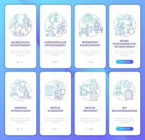 Physiotherapy gradient onboarding mobile app page screen. Physical treatment walkthrough 4 steps graphic instructions with concepts. UI, UX, GUI vector template with linear color illustrations