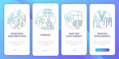 PT treatments gradient onboarding mobile app page screen. Physiotherapy walkthrough 4 steps graphic instructions with concepts. UI, UX, GUI vector template with linear color illustrations