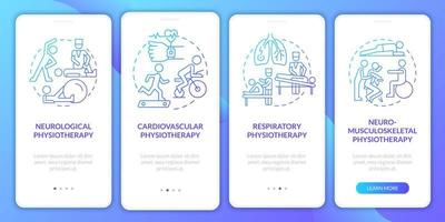 Physiotherapy gradient onboarding mobile app page screen. Physical therapy types walkthrough 4 steps graphic instructions with concepts. UI, UX, GUI vector template with linear color illustrations