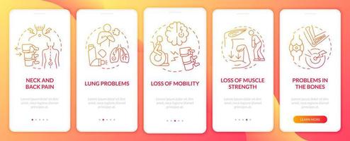 Physical problems to treat red onboarding mobile app page screen. Healthcare walkthrough 5 steps graphic instructions with concepts. UI, UX, GUI vector template with linear color illustrations