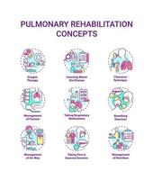 Pulmonary rehabilitation concept icons set. Respiratory diseases treatment idea thin line color illustrations. Recovery therapy. Breathing exercise. Vector isolated outline drawings. Editable stroke