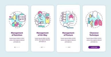 Pulmonary rehabilitation onboarding mobile app page screen. Recovery management walkthrough 4 steps graphic instructions with concepts. UI, UX, GUI vector template with linear color illustrations